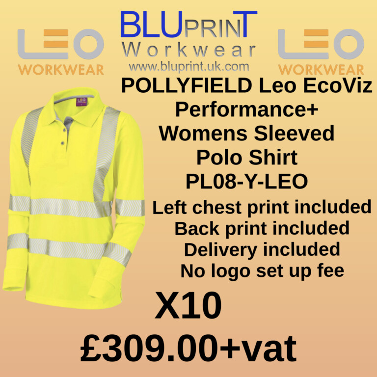 Bundle B23 X10 POLLYFIELD Leo EcoViz Performance+ Womens Sleeved Polo Shirt PL08-Y-LEO