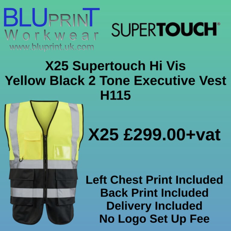 Bundle A4 X25 Supertouch Hi Vis Yellow Black 2 Tone Executive Vest H115