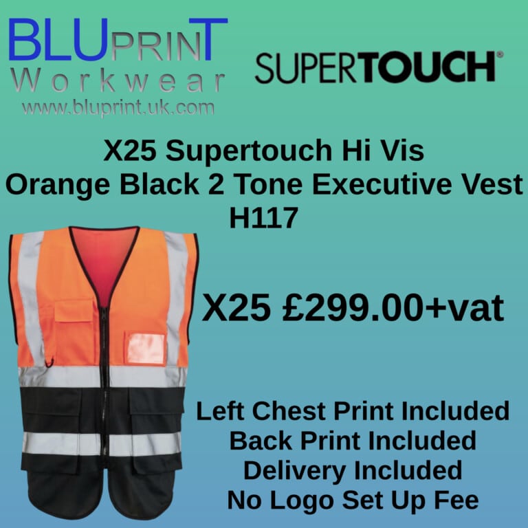 Bundle A14 X25 Supertouch Hi Vis Orange Black 2 Tone Executive Vest H117 