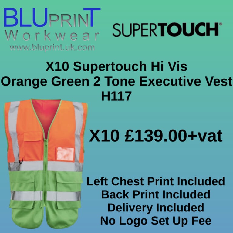 Bundle A15 X10 Supertouch Hi Vis Orange Green 2 Tone Executive Vest H117
