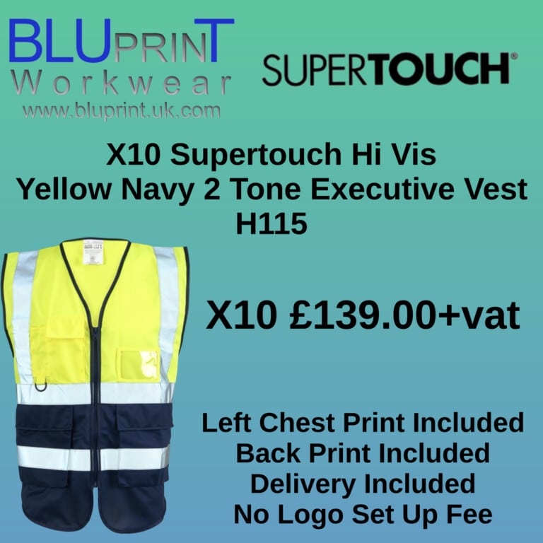 Bundle A17 X10 Supertouch Hi Vis Yellow Navy 2 Tone Executive Vest H115