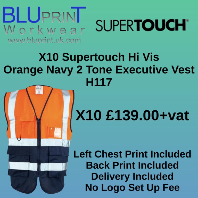 Bundle A21 X10 Supertouch Hi Vis Orange Navy 2 Tone Executive Vest H117