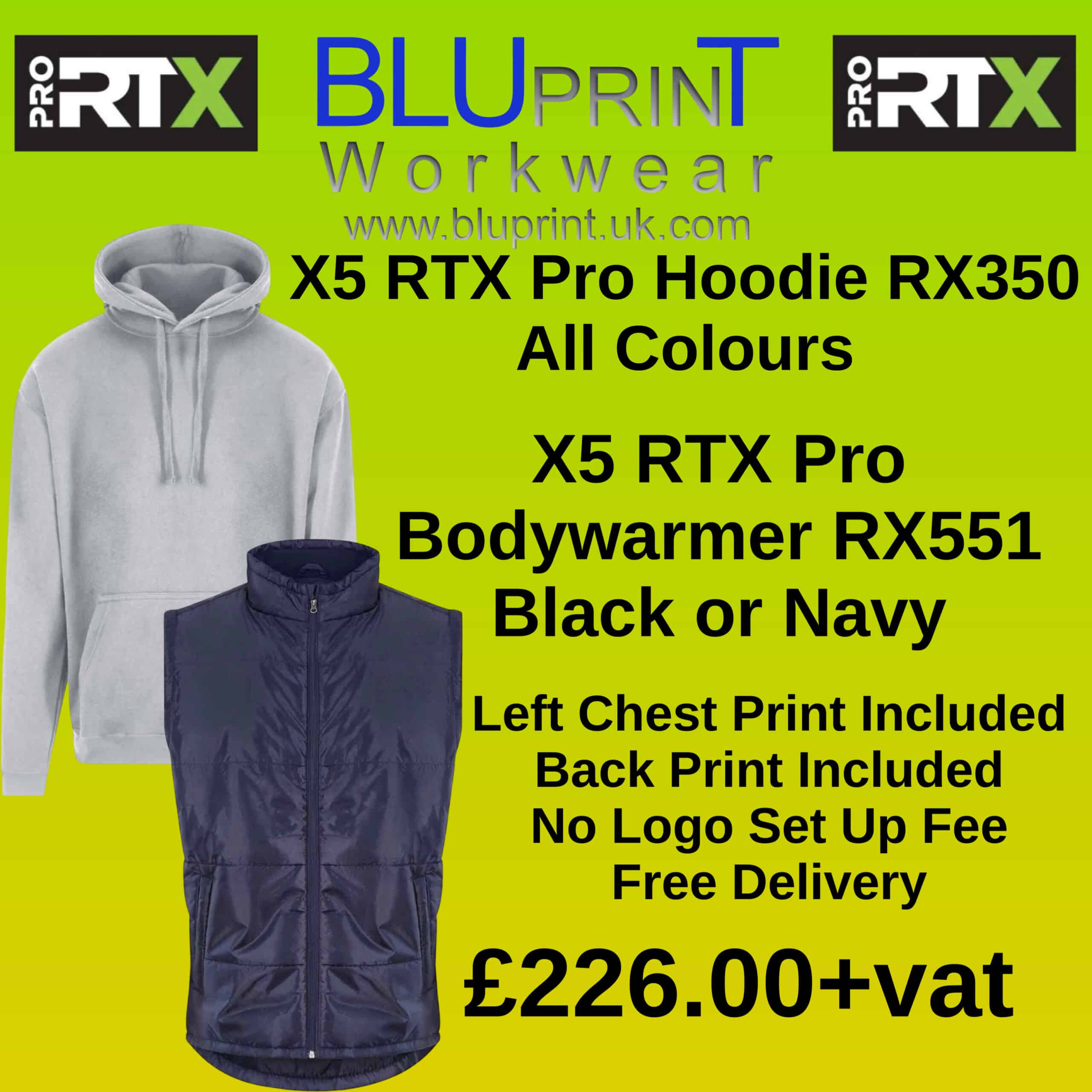 Bundle 3C – X5 Pro RTX Pro Hoodie RX350 300gsm Mens  All Colours + X5 Pro RTX Pro Bodywarmer RX551 Mens Black or Navy